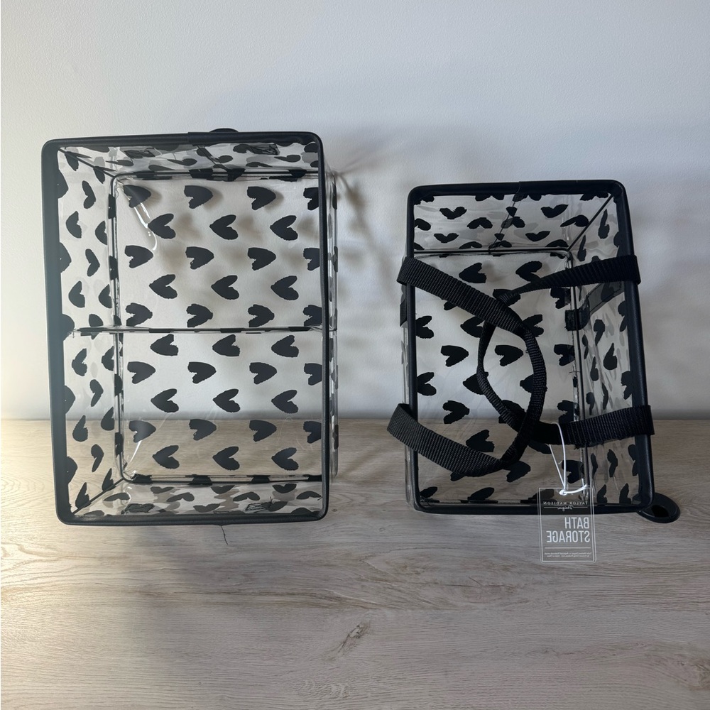 TAYLOR MADISON “BLACK WATER COLOR HEARTS” VINYL BATH STORAGE SET 2 BLACK HANDLES